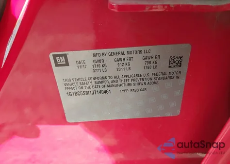 2018 Chevrolet Cruze Ls Auto z USA, uszkodzony, nr VIN 1G1BC5SM1J7140461